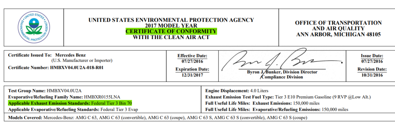 Przykładowy amerykański Certificate of Conformity EPA z oznaczeniem Federal Tier 3 Bin 70